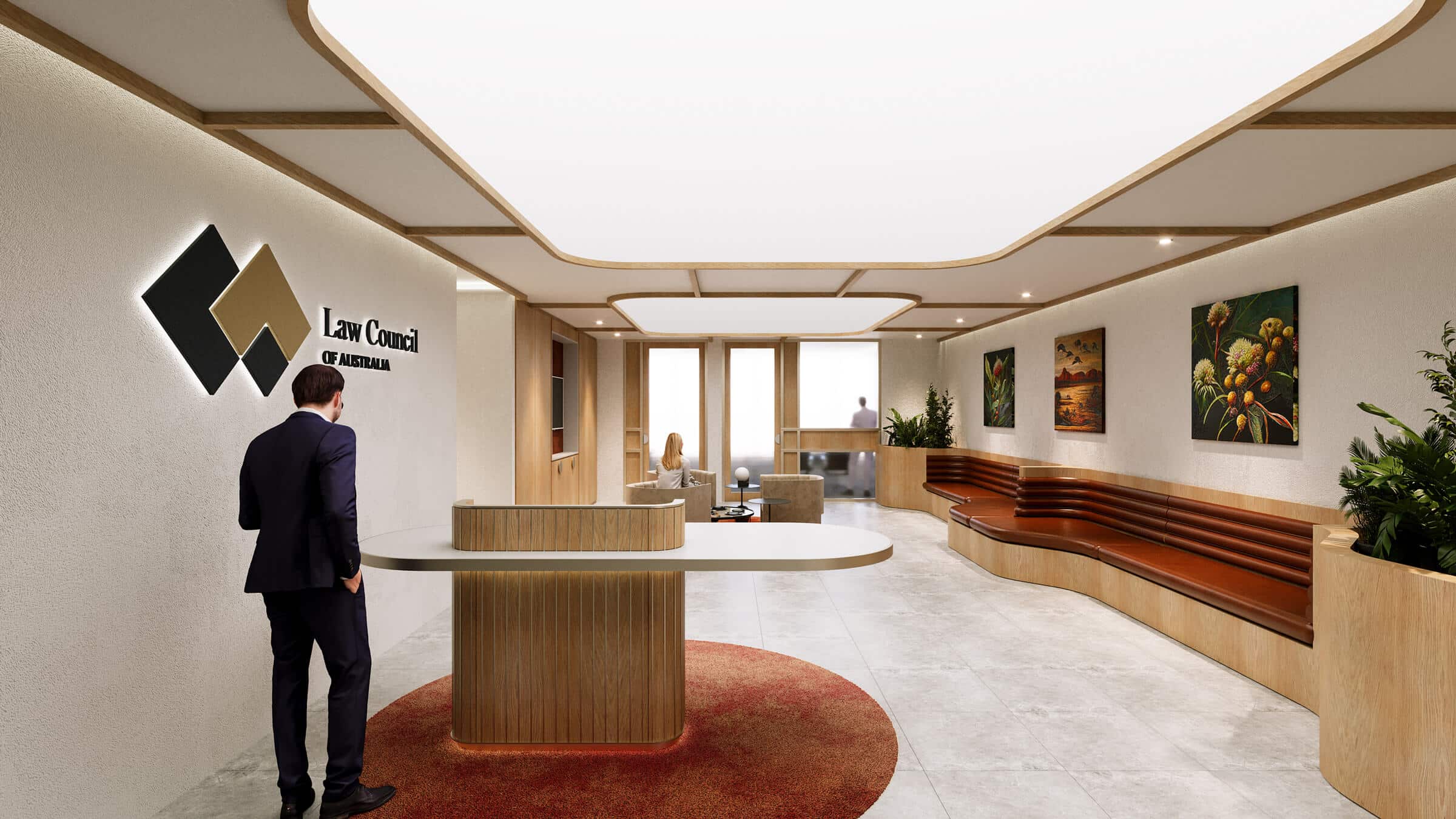 Elegant office reception featuring large windows, natural lighting, and modern furnishings, creating a professional and inviting atmosphere.