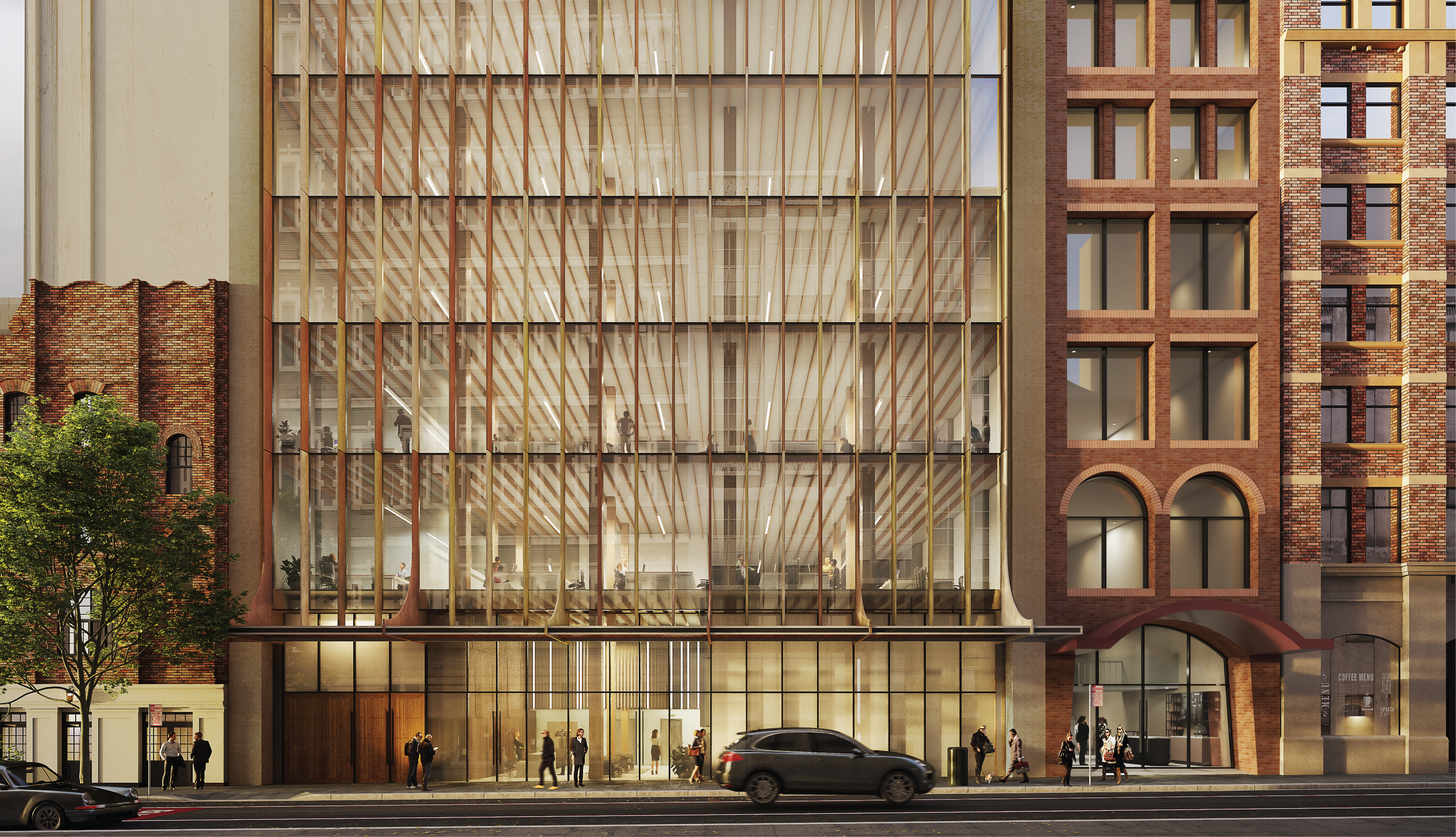 Contemporary office building with glass facade, surrounded by cityscape views.