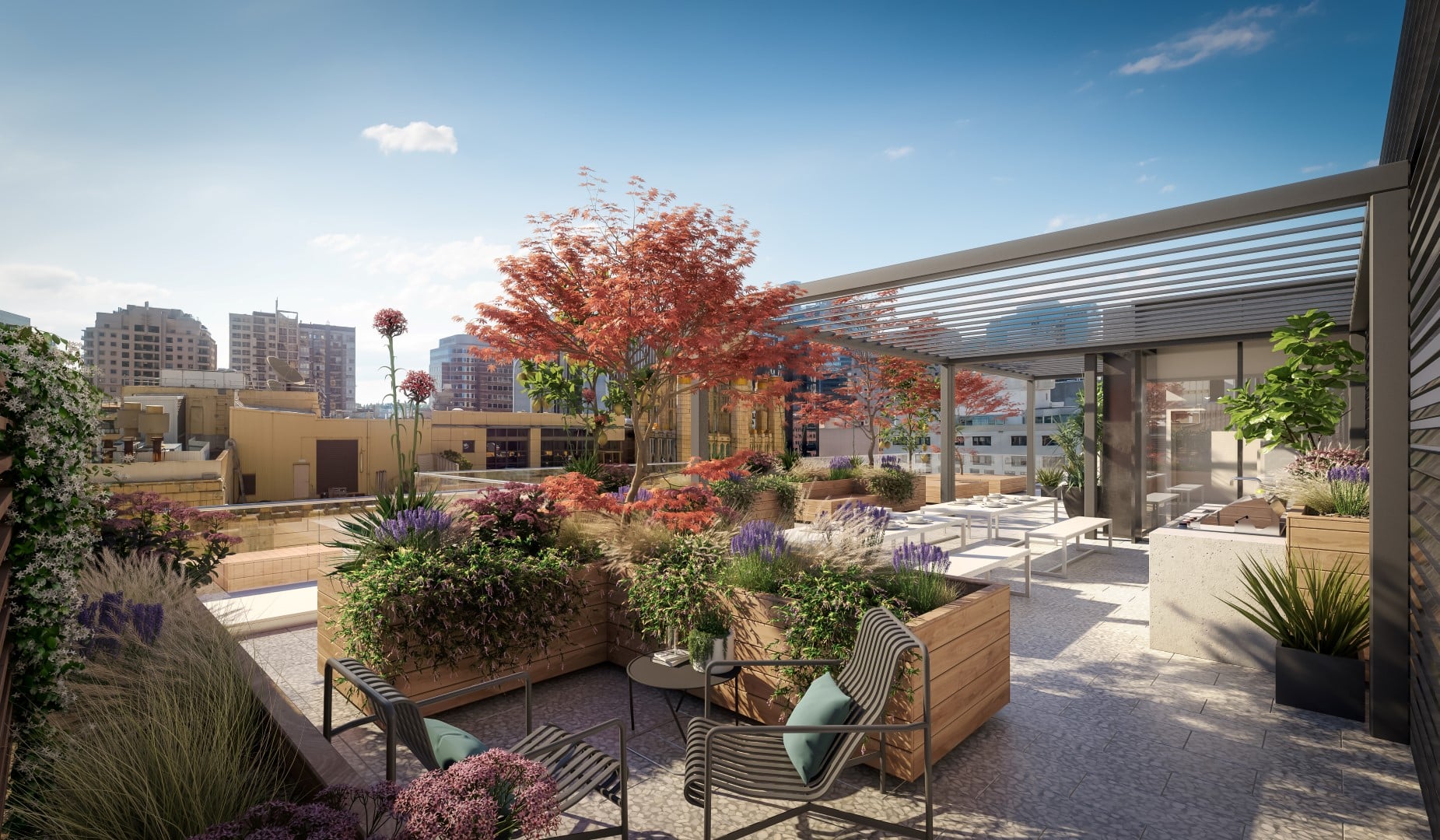 Rooftop terrace with plenty of seating and greenery for relaxation and fresh air.