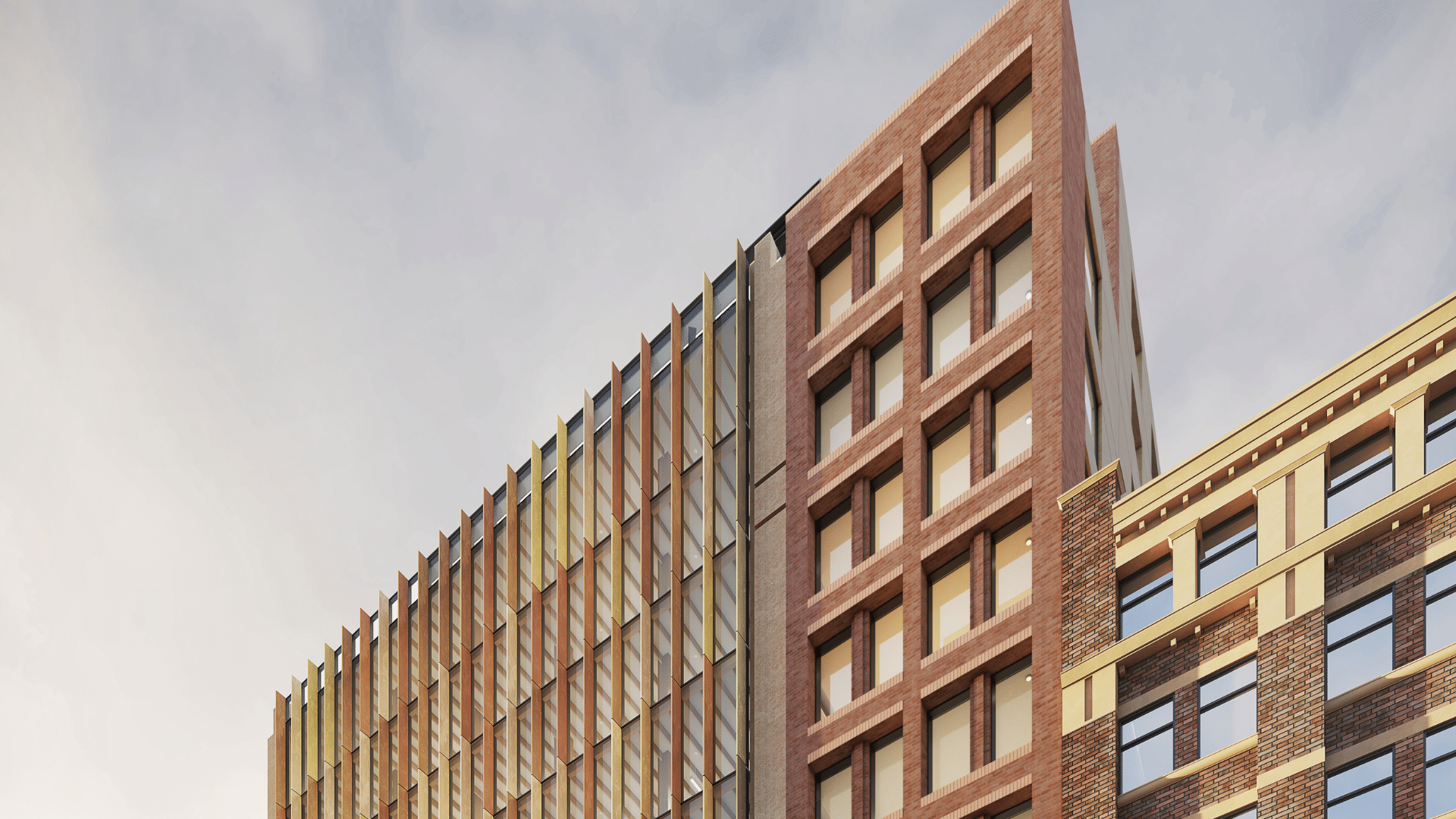 Contemporary office building with glass facade, surrounded by cityscape views.