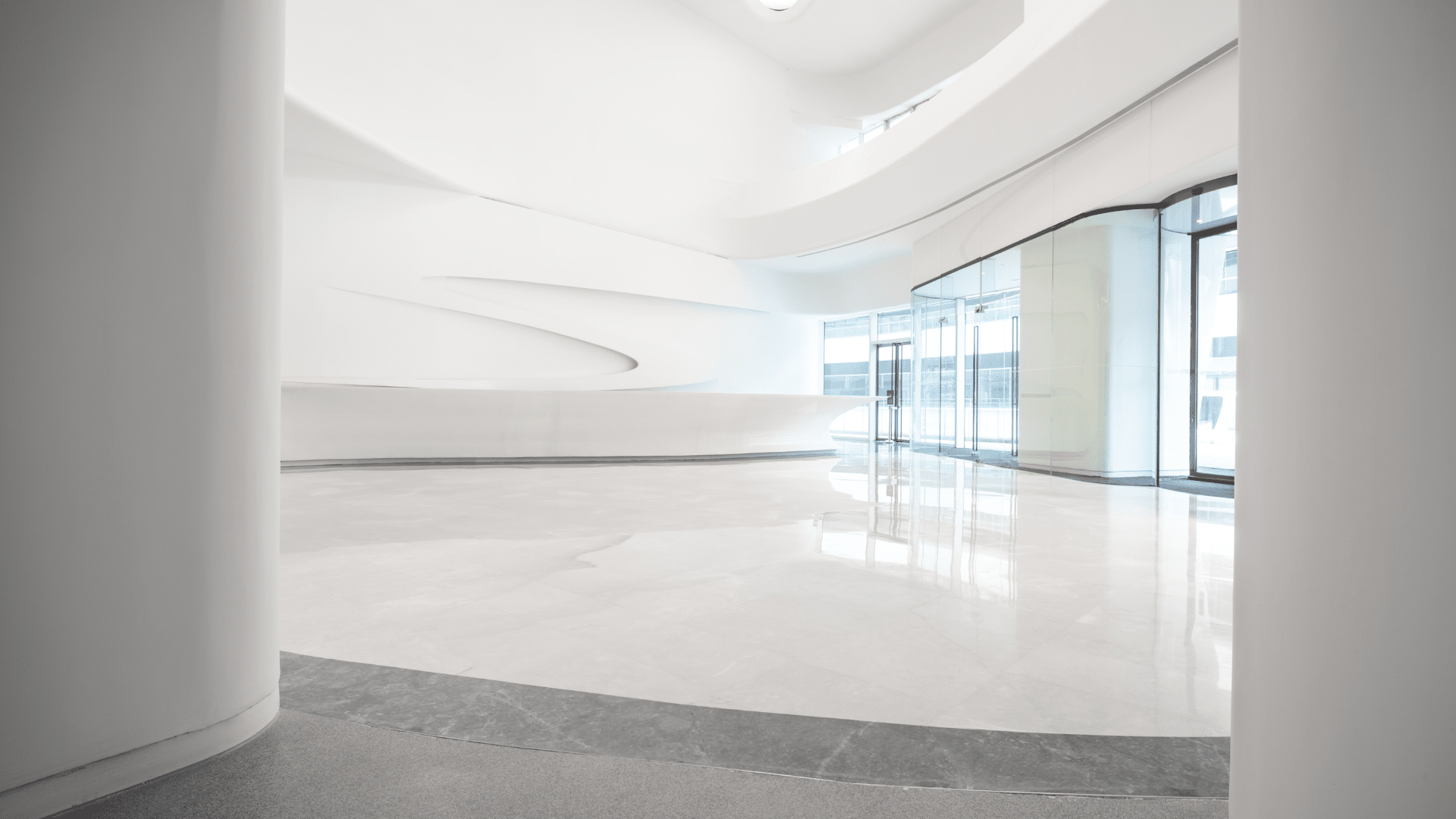 White empty office space with futuristic, contemporary design.
