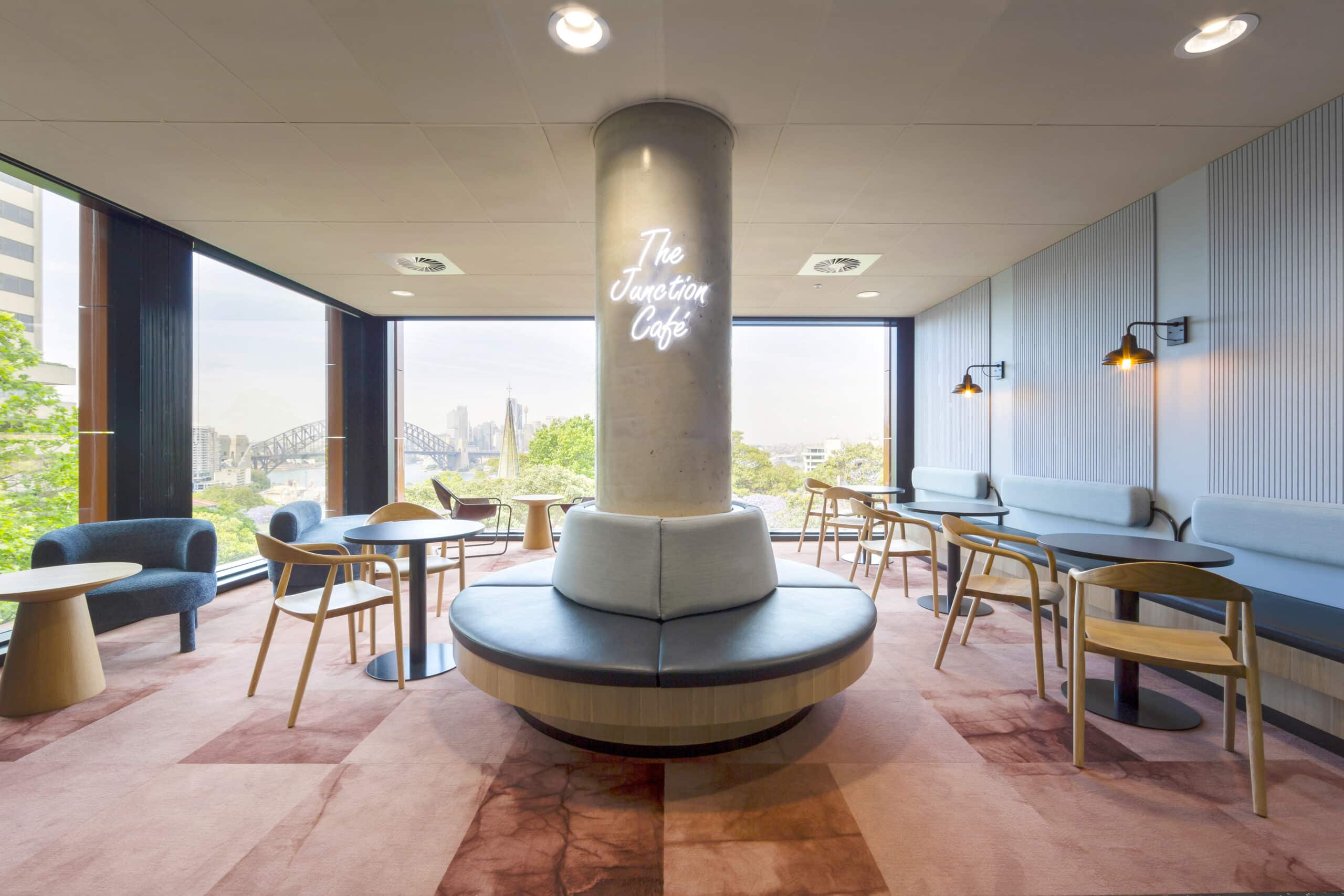 A contemporary break out space with various options for seating, and a stylish, open design for a welcoming atmosphere.