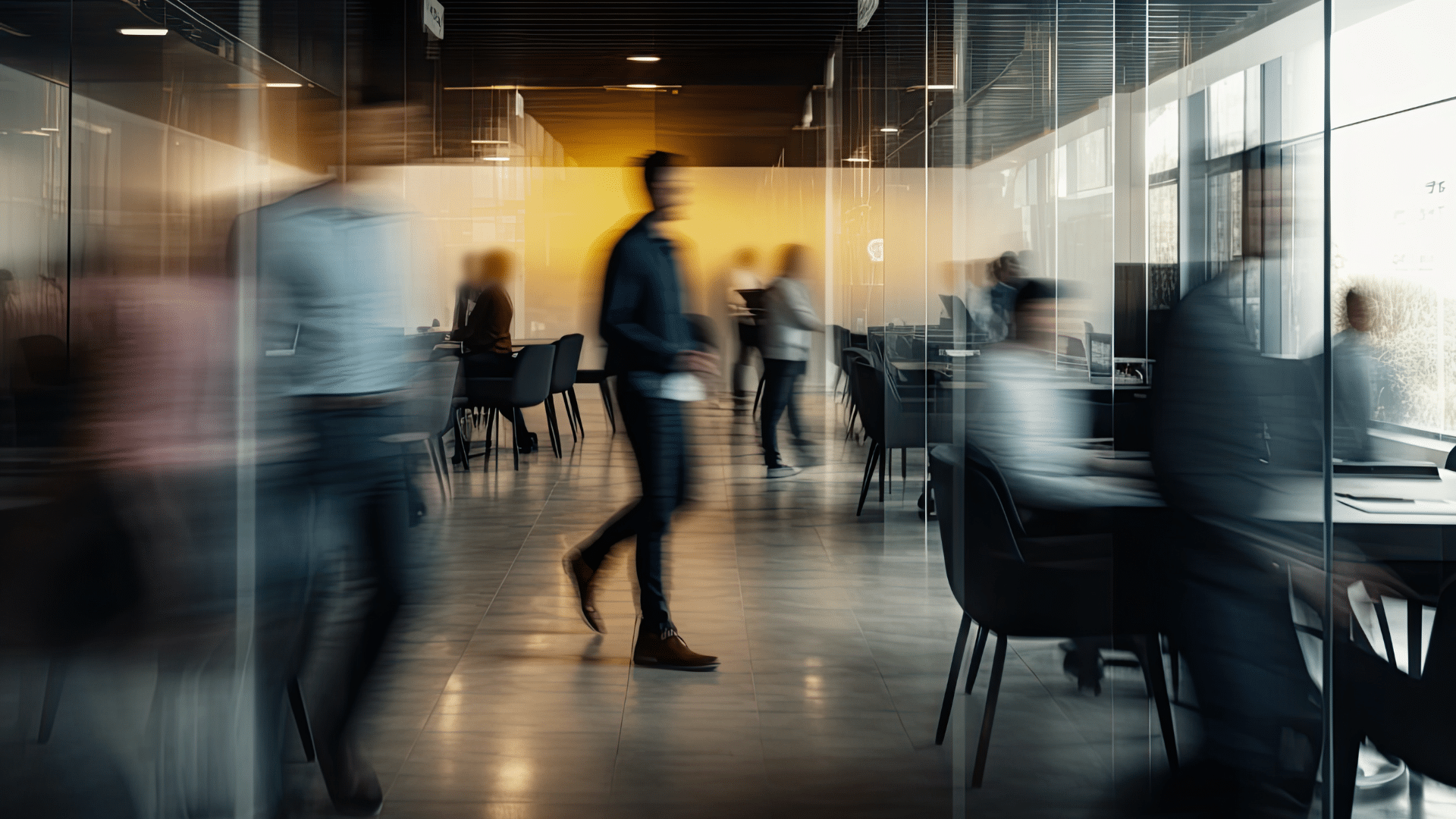 Employees walking throughout their office.