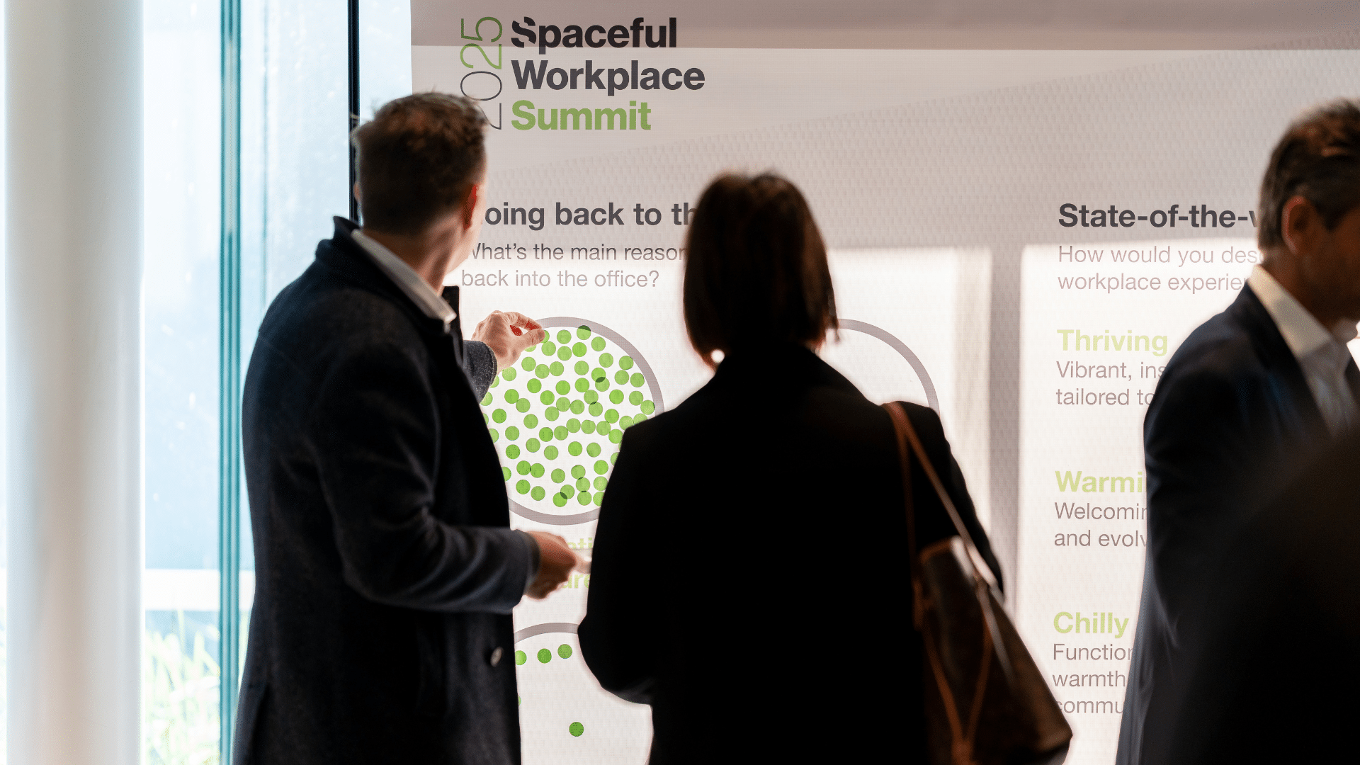 Attendees of the 2025 Spaceful workplace summit voting at the interactive board